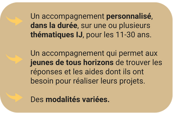 l'accompagnement IJ c'est : - un accompagnement personnalisé, dans la durée, sur une ou plusieurs thématiques IJ, pour les 11-30 ans. - un accompagnement qui permet aux jeunes de tous horizons de trouver les réponses et les aide﻿s dont ils ont besoin pour réaliser leurs projets. - des modalités variées.